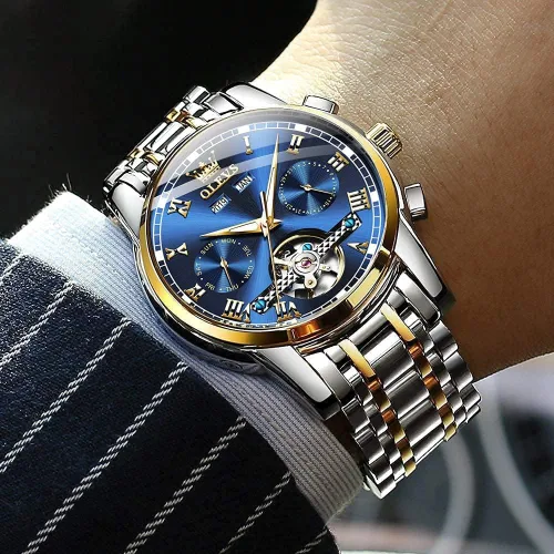 Vista 3 de OLEVS Reloj para hombre Tourbillon automático mecánico de cuerda automática reloj de pulsera de lujo con doble calendario de acero inoxidable