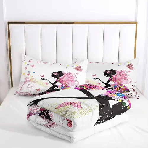 Vista 4 de Juego de edredón romántico para niña de hada, mariposa, flor, hada, para niños y adolescentes, tamaño individual, alas rosas en un vestido floral