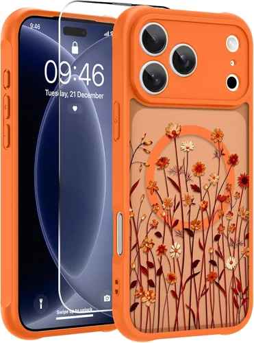 Vista 40 de OOK Funda magnética para iPhone 13 Pro Max [compatible con MagSafe] Funda delgada translúcida mate con flor silvestre negra, protección para lente