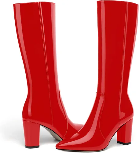 Vista 62 de AMBELIGHT Botas altas hasta la rodilla con cremallera y puntera puntiaguda para mujer, de patente sólida, tacón alto, 3.3 pulgadas