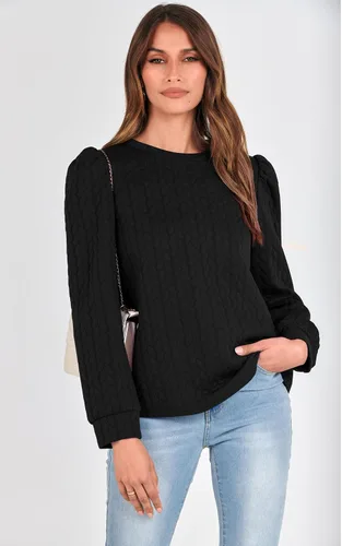 Vista 7 de PRETTYGARDEN Sudaderas de manga abullonada para mujer, para otoño, casual, cuello redondo, textura torcida sólida, sin botones