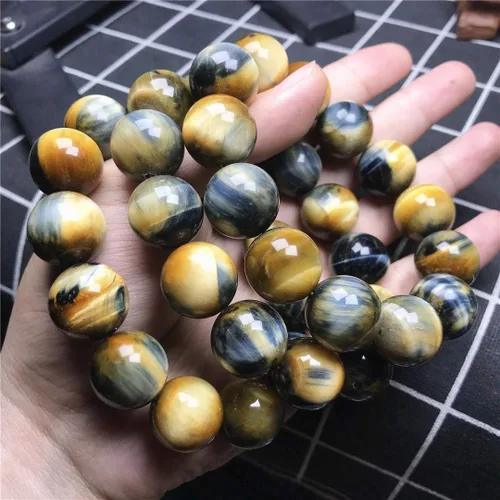 Vista 5 de Pulsera de ojo de tigre natural de 0.709 in para mujeres y hombres, piedra preciosa azul amarilla y azul con cuentas redondas grandes, pulsera