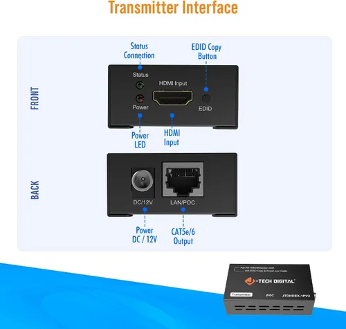 Vista 6 de J-Tech Digital Extensor HDMI 1080P 60Hz sobre CAT 5e/6/7 PoC (Alimentación por Cable) hasta 165 pies, Copia EDID de Color Profundo Sin Pérdida