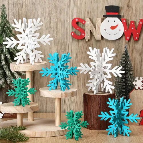 Vista 9 de Bucherry 12 piezas de decoración de mesa de copo de nieve de madera 3D con copos de nieve y centro de mesa para fiesta de congelados, Navidad