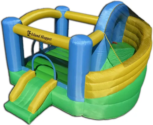 Vista 8 de Island Hopper Casa de rebote recreativa para niños con tobogán doble curvo y pared de escalada