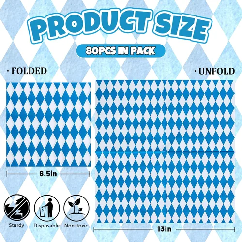 Vista 2 de Whaline Paquete de 80 servilletas de almuerzo Oktoberfest a cuadros azules y blancos, servilletas de papel desechables decorativas para postre