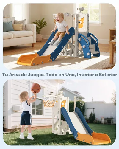 Vista 2 de BIERUM Tobogán para niños, juego de 6 en 1 para interiores y exteriores con aro de baloncesto, juego de golf y telescopio, juego de tobogán y Azul