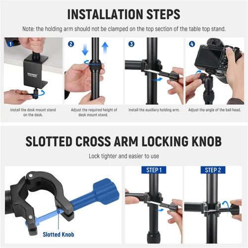 Vista 9 de NEEWER Kit de Soporte de Cámara Mejorado con Brazo de Boom Telescópico de Tres Pliegues (Carga Máxima 2lb), Soporte de Escritorio Telescópico