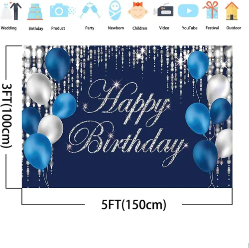Vista 3 de Cartel de fondo de feliz cumpleaños azul marino y plateado para hombres, mujeres, fondo de fotografía de jubilación, suministros de decoración