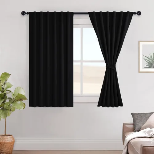 Vista 22 de Hiasan Cortinas opacas negras para dormitorio, cortinas opacas cortas de 45 pulgadas de largo, con aislamiento térmico, bolsillo para barra