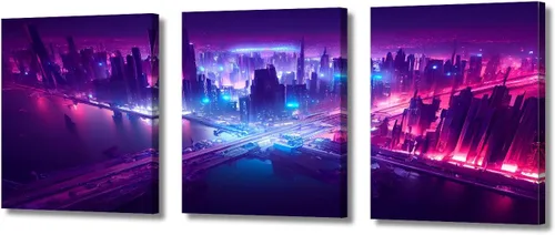 Vista 64 de Cuadros de 3 paneles de Cyberpunk City - Arte de pared de vallas publicitarias de edificios modernos en la capital con obras de arte modernas