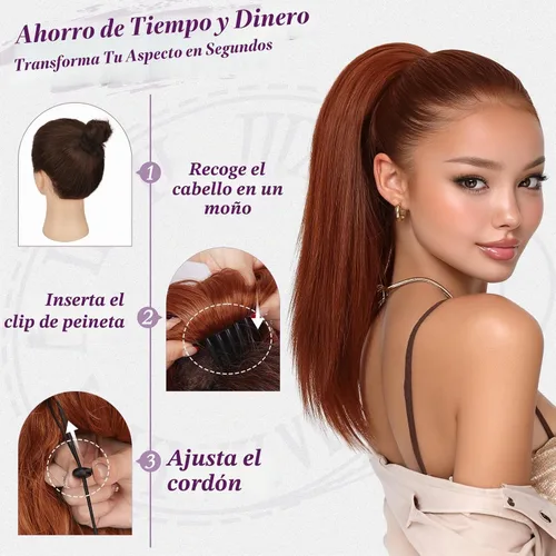 Vista 4 de BARSDAR Extensión de cola de caballo de color castaño rojizo recta, 16 pulgadas, extensión de cola de caballo de jengibre, extensión de cola