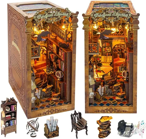 Vista 9 de Kit de casa en miniatura de bricolaje, kit de rincón de libro de estilo europeo, diseño de espejo ilusión, kit de casa de muñecas en miniatura