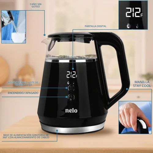 Vista 4 de NELO Hervidor eléctrico con 5 ajustes preestablecidos de control de temperatura, pantalla digital grande de temperatura, luces indicadoras LED