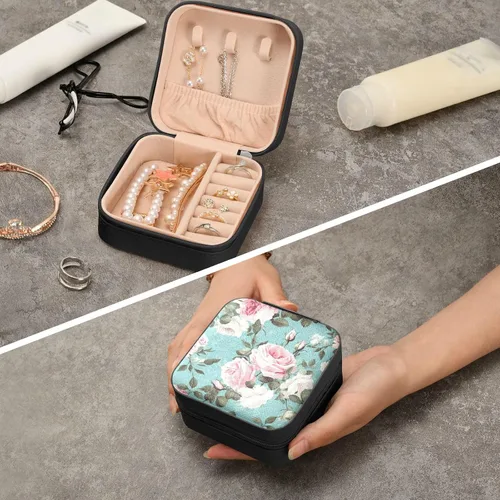 Vista 8 de Flradish Pink White Roses Travel Jewelry Case PU Leather Mini Jewelry Travel Case Portable Travel Jewellery Ring Organizer for Womens Rings Earrings