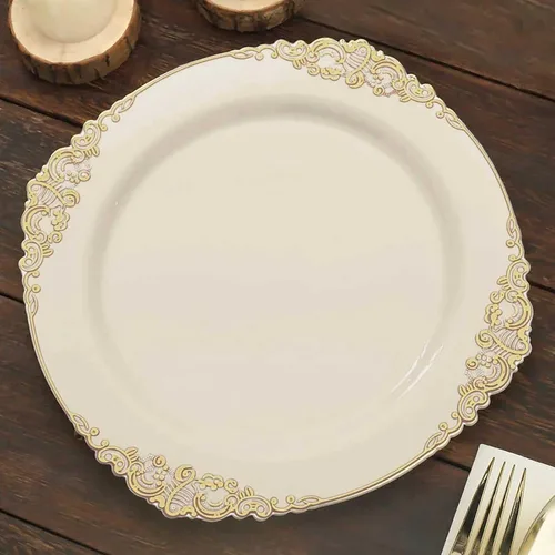 Vista 39 de Efavormart - Paquete de 10 platos de postre barrocos negros y dorados de 8 pulgadas, platos de aperitivo resistentes con borde metálico en relieve