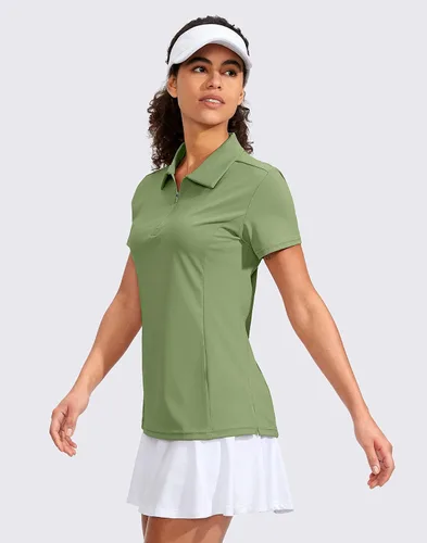 Vista 3 de Viodia Camisa de golf para mujer, manga corta, con cremallera, de secado rápido, elástica, con cuello de tenis, ropa de golf