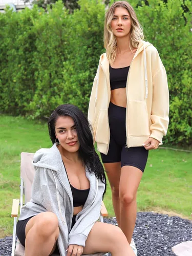 Vista 7 de ATTRACO Sudadera de gran tamaño para mujer, sudadera con capucha de forro polar con cremallera y manga larga recortada