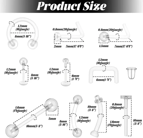 Vista 2 de 29 piezas de retenedores de piercing transparentes – Piercing de nariz transparente acrílico – aretes de nariz, aretes de tabique, juego de joyería