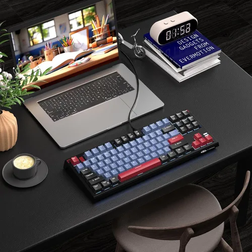 Vista 7 de Teclado mecánico compacto 80% para juegos, teclado mecánico tkl con cable con interruptores marrones, teclado retroiluminado azul hielo 87 teclas