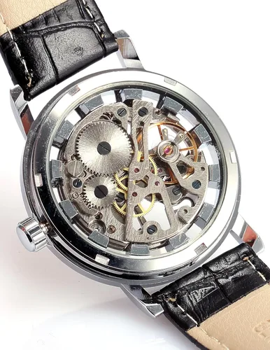 Vista 3 de Reloj de pulsera mecánico para hombre, correa de cuero con cuerda de esqueleto, plateado, Reloj esquelético, mecá