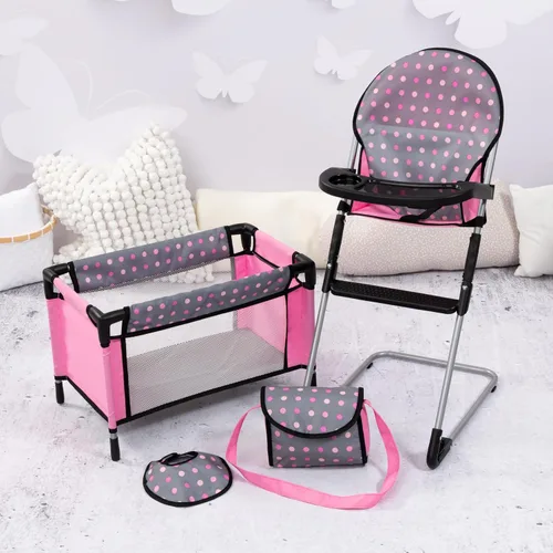 Vista 4 de Bayer Set de Trona/Cuna para Muñecas, Gris, Rosa con Puntos Nurturing Caregiving Set for 18 Inch Dolls with Travel Bag, Bib, Integrated High Chair