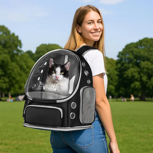 Vista 6 de Mochila Transportadora para gatos con ventana de burbujas de espacio grande, aprobada por aerolíneas, transportadora transpirable para mascotas