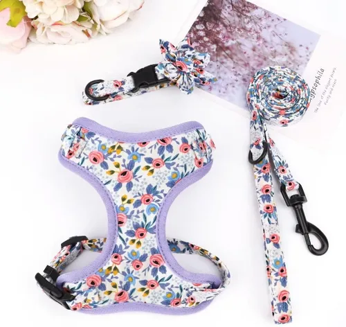 Vista 6 de Beirui Lindo juego de collares, arneses y correas para perro hembra, juego de collar y correa ajustable con flor - Arnés de malla suave para Azul