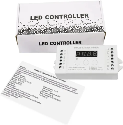 Vista 4 de AKEPO Mini decodificador de pantalla digital DMX de 4 canales, controlador DMX512 para luces LED RGBW DC9-24V 4A/CH con 15 efectos integrados