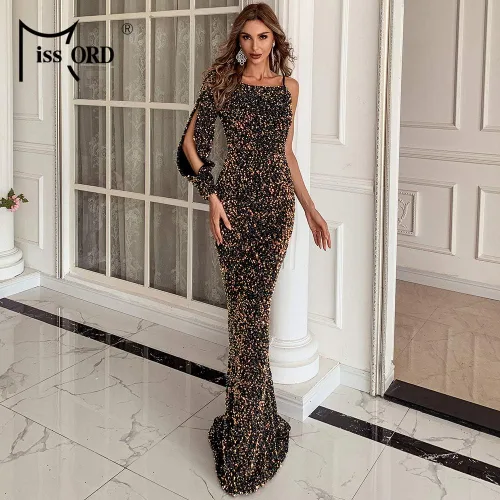 Vista 6 de Miss ord Vestido de sirena de noche con un hombro descubierto y manga dividida con lentejuelas y brillantina vestido de graduación sexy formal