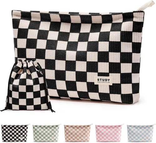 Vista 27 de WLLWOO - 2 bolsas de maquillaje de pana con cara sonriente, bolsa de cosméticos con cremallera interior impermeable, estuche para lápices, monedero