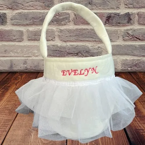 Vista 2 de Canasta de Pascua tutú personalizada, cubo de caza de huevos con nombre bordado, personalizable para niñas (blanco)