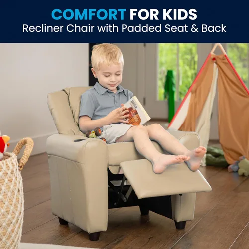 Vista 6 de Flash Furniture - Sillón reclinable contemporáneo para niños, color beige vinilo con base para vasos y reposacabezas