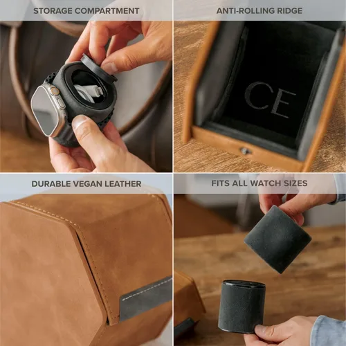 Vista 2 de Funda protectora de viaje para reloj de 1 ranura, organizador de relojes de alta calidad, con cuero vegano, almohada ajustable para cualquier reloj
