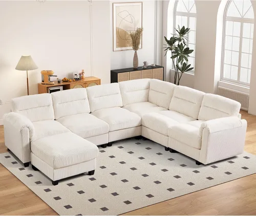 Vista 51 de HAOMARKETS Sofá esquinero modular en forma de L de 115 pulgadas con 2 otomanas móviles, sofás de pana de 8 plazas con cojín grueso para sala de Beige