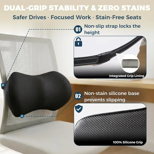 Vista 3 de Almohada de apoyo lumbar para coche con sistema de estabilidad Dual-Grip™ Almohada de espalda de espuma viscoelástica adaptativa avanzada