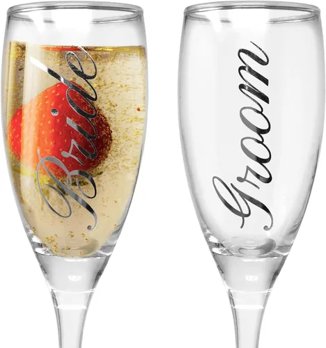 Vista 8 de BANBERRY DESIGNS Juego de 2 copas de champán para novia y novio, copas plateadas para brindis de boda de 6 onzas, elegantes copas de champán