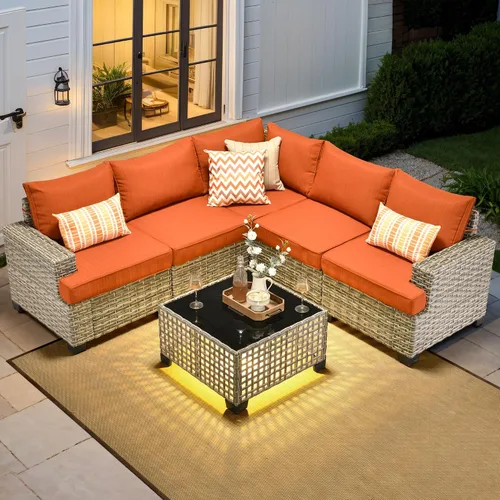 Vista 73 de HOOOWOOO Juego de Muebles Seccionales para Patio al Aire Libre, 6 Piezas Juegos de Conversación de Mimbre Sofá en Forma de L, Sofá Extra Profundo