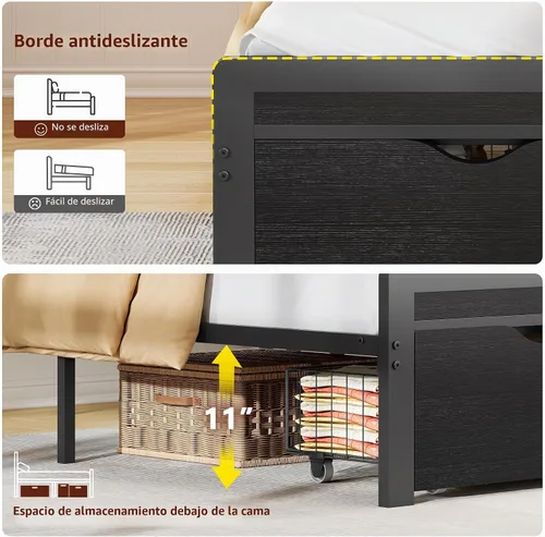 Vista 9 de FAVOOSTY Base de cama de tamaño matrimonial con cabecera de 2 niveles, plataforma de metal con 2 cajones de almacenamiento, luces LED y estación