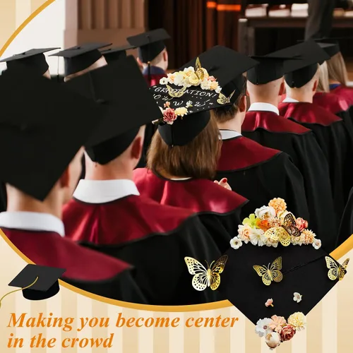Vista 2 de Hanaive Kit de decoración de 76 piezas de birrete de graduación, incluye flores sintéticas 3D mariposa alfabeto letras calcomanías para graduación
