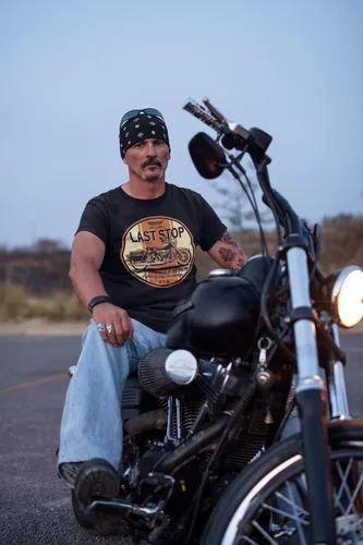 Vista 3 de Camiseta de moto Last Stop Biker Rider Route 66 Harley Vintage Mens Black Tee