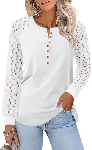 Vista 31 de Minetom Camisetas de manga larga con encaje para mujer, blusas casuales