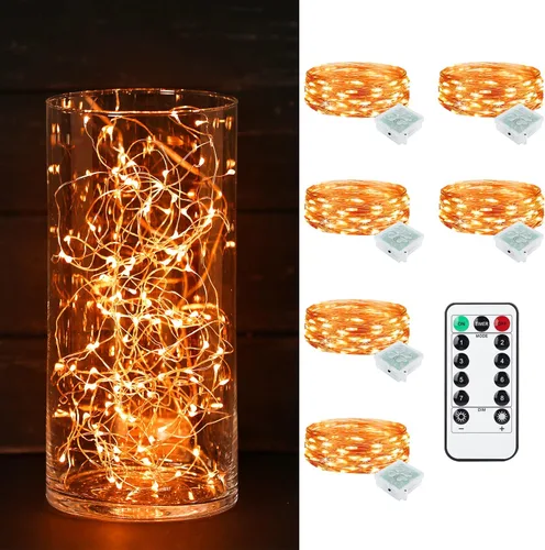 Vista 46 de Paquete de 6 luces de hadas a pilas con temporizador remoto, 8 modos de iluminación, 7 pies, 20 luces LED impermeables para Halloween, Navidad