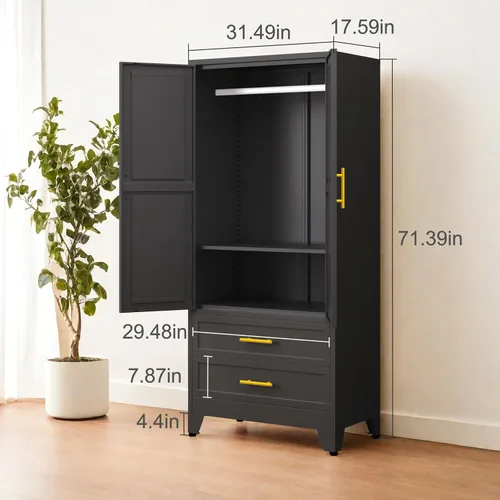 Vista 2 de PAOFIN Armario de metal negro de 71 pulgadas, armario de almacenamiento de ropa para dormitorio con 2 cajones y barra para colgar, armario