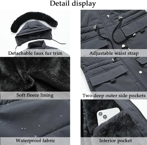 Vista 6 de MOERDENG Abrigo de invierno cálido para mujer, con forro polar grueso, chaqueta de plumón de piel sintética, capucha desmontable, ropa de abrigo