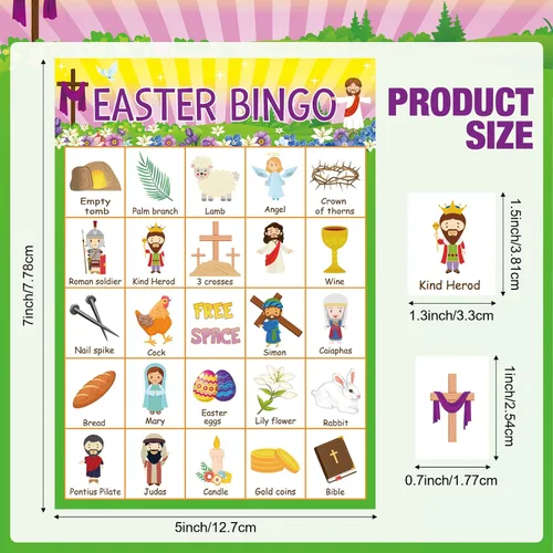 Vista 2 de Lewtemi Juego de bingo de Pascua, tarjetas de bingo religiosas con 24 jugadores, juegos para adultos y familia, adolescentes, suministros escolares