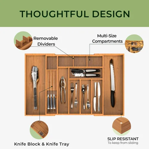 Vista 6 de keechee Organizador grande de bambú carbonizado para cajones de cocina, organizador de cubiertos expandible con 12 ranuras, soporte para utensilios