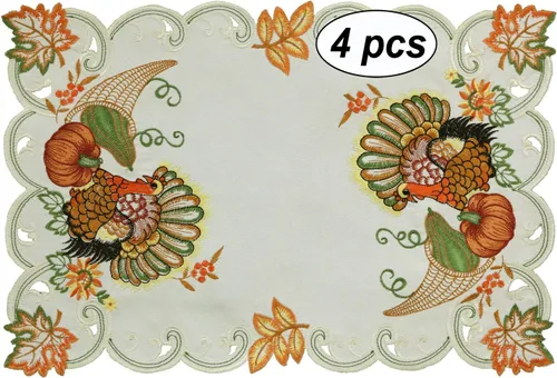 Vista 2 de Creative Linens Juego de 4 manteles individuales de cosecha de otoño de 11 x 17 pulgadas, manteles individuales bordados de pavo y calabaza y hoja