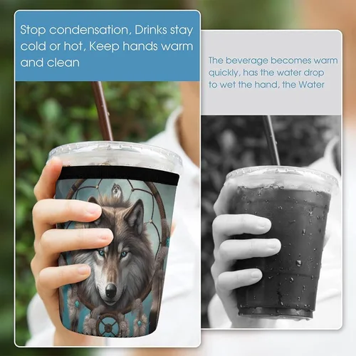 Vista 5 de 3D Wolf Dream Catcher Reusable Insulated Neoprene Iced Coffee Cup Sleeves 3 Sizes Diving Material Cup Durable Beverage Covers for Cold Coffee Tea