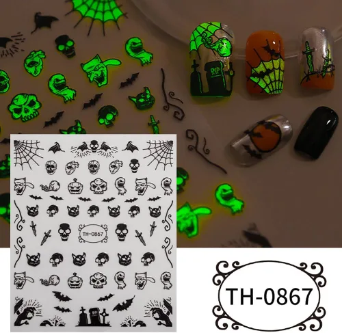 Vista 8 de Calcomanías para Uñas de Halloween, 6 Hojas de Calcomanías para Uñas de Fantasma Negro 3D Autoadhesivas Pequeñas de Horror Calabaza Brujas